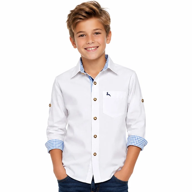 Isar-Trachten Kinder Trachtenhemd "Luis" Hirschmotiv 48202 | Weiß Blau