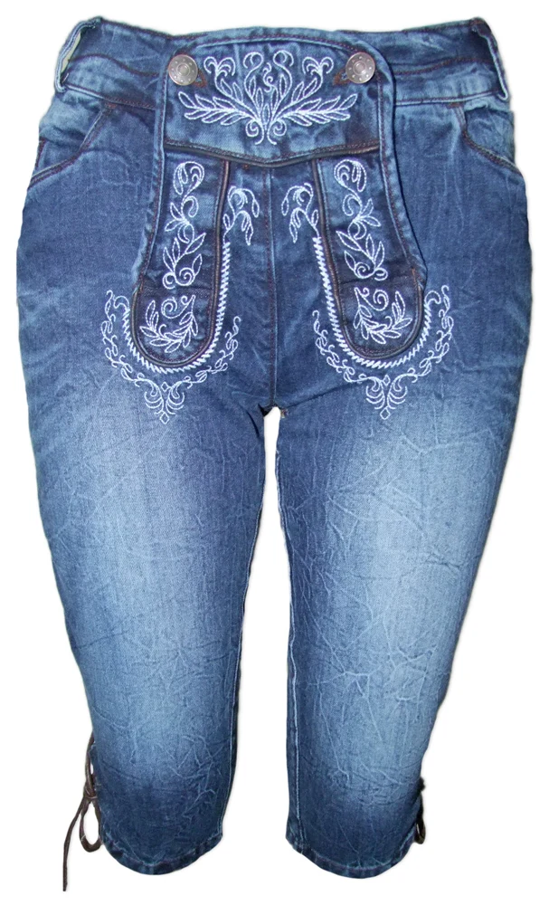 Lekra Damen Jeans Bea Kniebundhose in Lederhosen Optik - Blau
