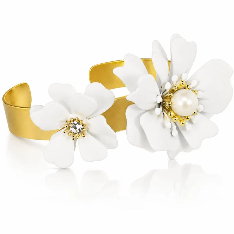 LUISIA® Armreif Armspange "Nelia" mit Blumen - 16 Karat vergoldet | Weiß