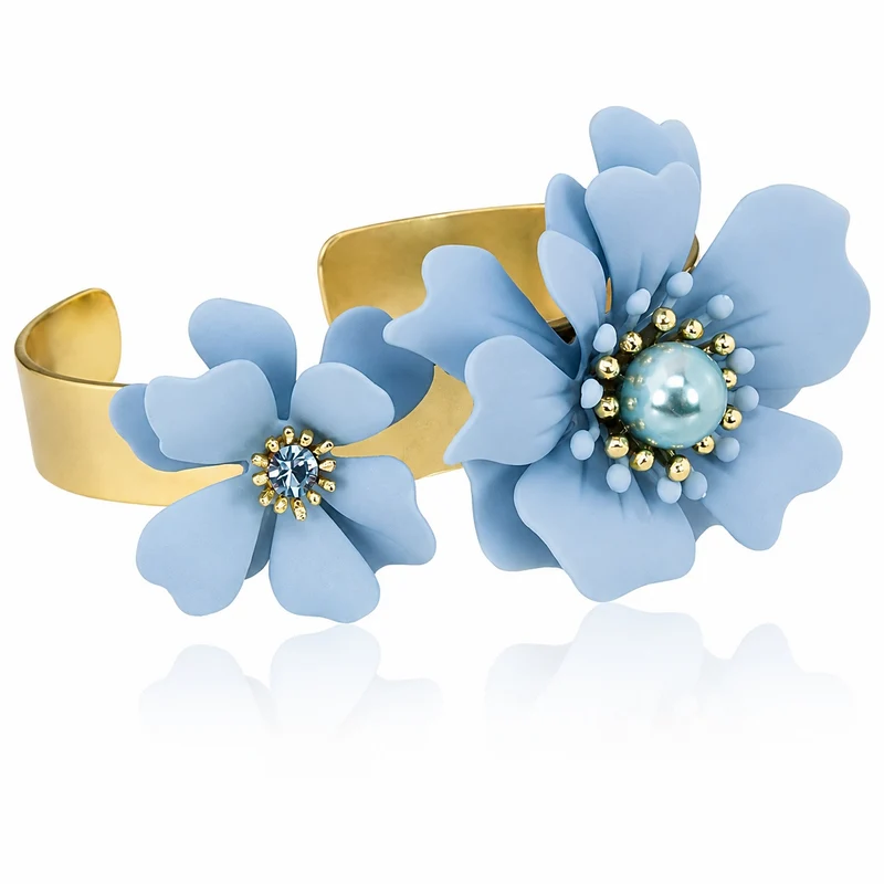 LUISIA® Armreif Armspange "Nelia" mit Blumen - 16 Karat vergoldet | Hellblau