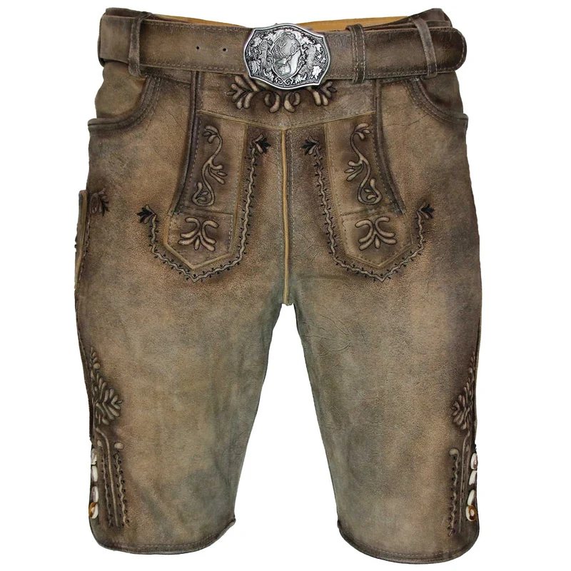 MADDOX Kurze Herren Lederhose "Zugersee" mit Gürtel | Antik R. Sahara