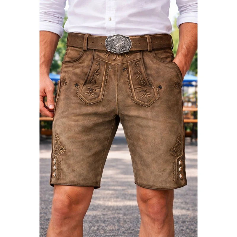 MADDOX Kurze Herren Lederhose "Zugersee" mit Gürtel | Antik R. Sahara