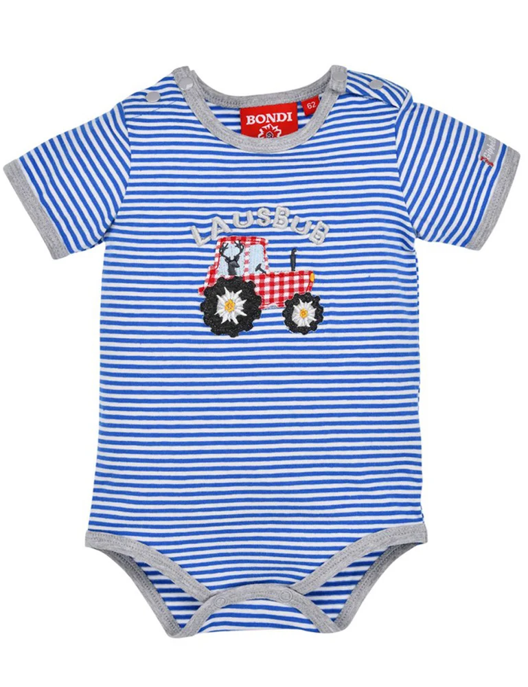BONDI Baby Kurzarm Body "Traktor" 91527 | Blau Weiß Gestreift