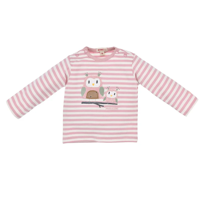 BONDI Baby Mädchen Langarmshirt "Eulenfamilie" 93731 | Stripe Rosewood / Offwhite