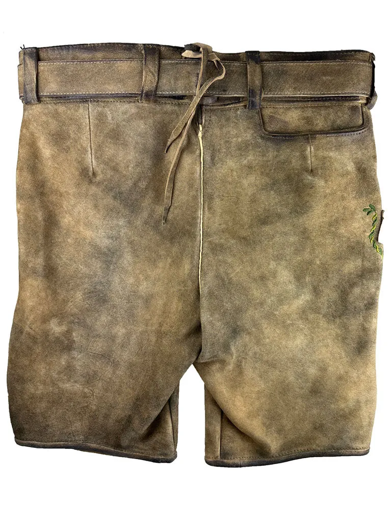 MADDOX Kurze Lederhose "Rothsee" mit Gürtel | Antik Zirbe - Grüne Stickerei