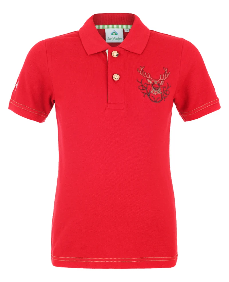 Isar-Trachten Kinder Poloshirt "Benjamin" mit Hirschstickerei | Rot