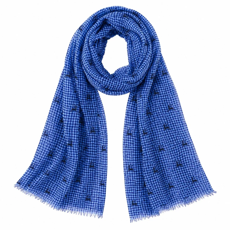 Trachten Halstuch Schal Kariert mit Hirschmotiv 185 x 70 cm | Royalblau