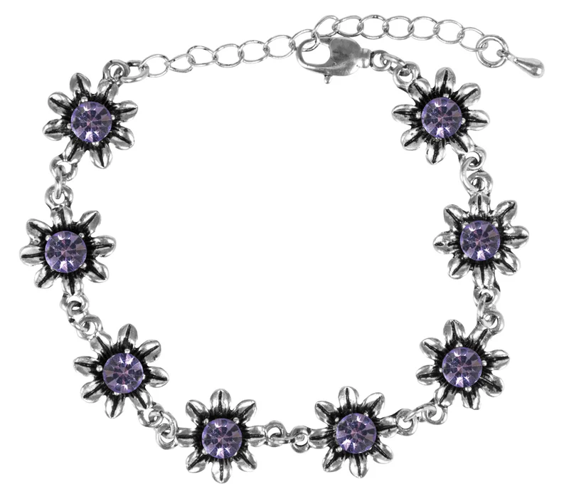 Silbernes Strass Armband mit Blüten - Lila