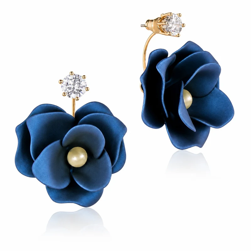 LUISIA Front Back Ohrringe Jarla mit Blumen - 16 Karat vergoldet Dunkelblau