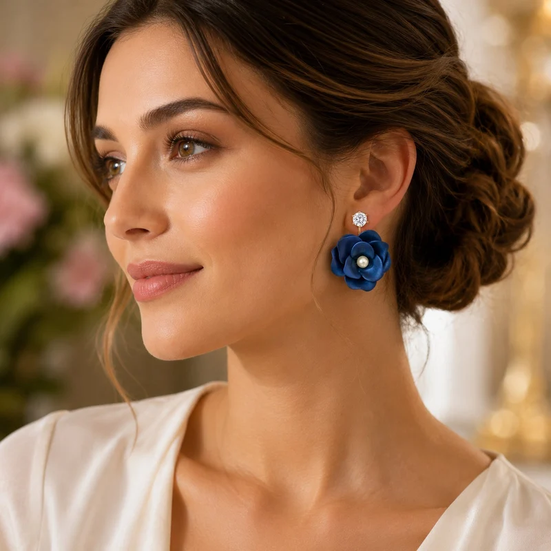 LUISIA Front Back Ohrringe Jarla mit Blumen - 16 Karat vergoldet Dunkelblau