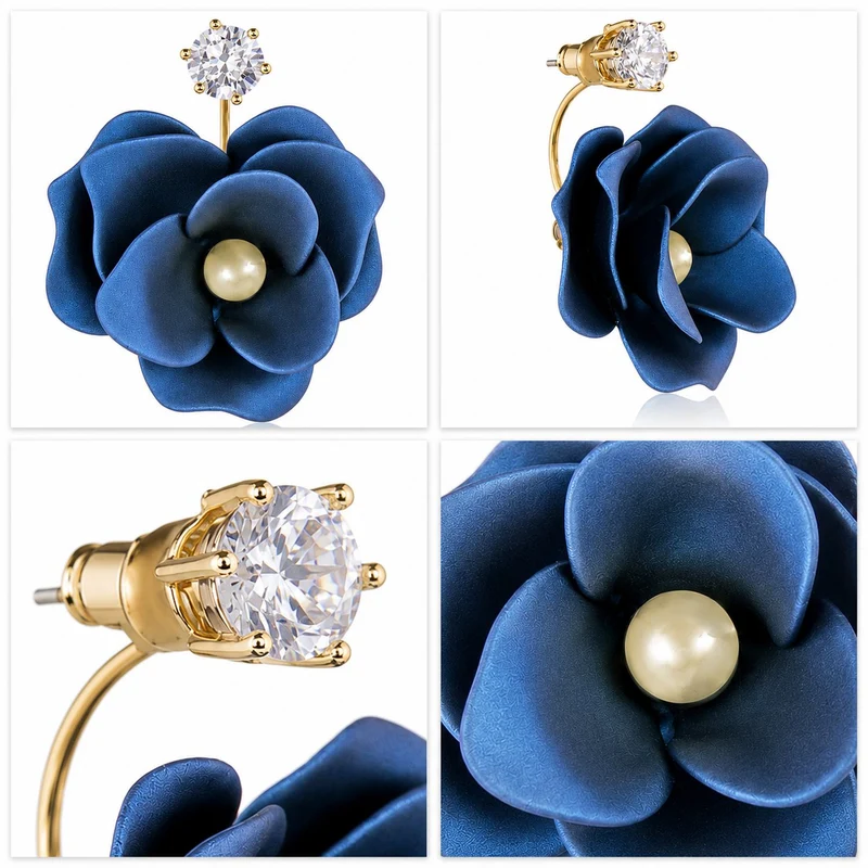 LUISIA Front Back Ohrringe Jarla mit Blumen - 16 Karat vergoldet Dunkelblau