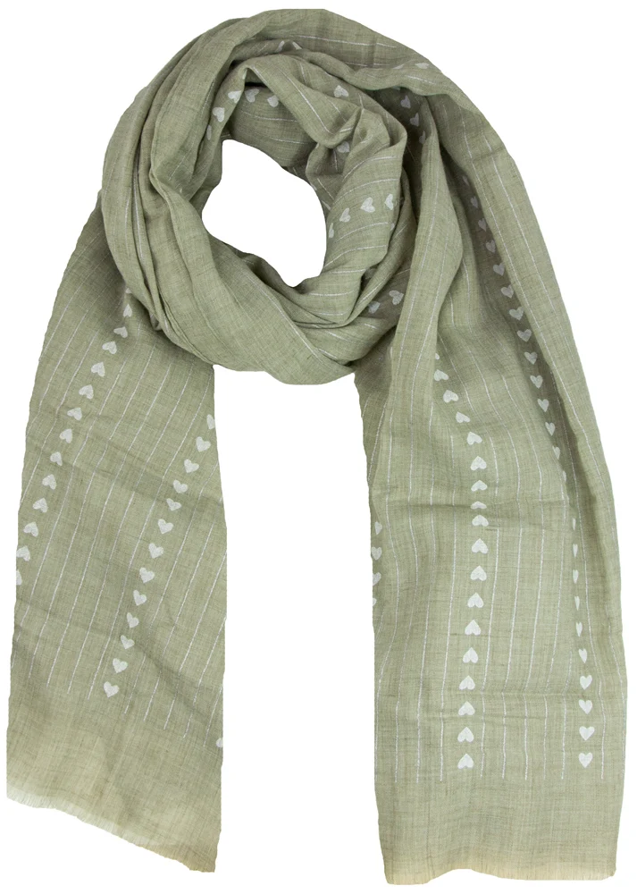 Halstuch Schal Unifarben mit Herzen und Glitzer Streifen 185 x 70 cm | Olivgrün