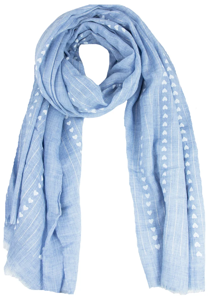Halstuch Schal Unifarben mit Herzen und Glitzer Streifen 185 x 70 cm | Hellblau