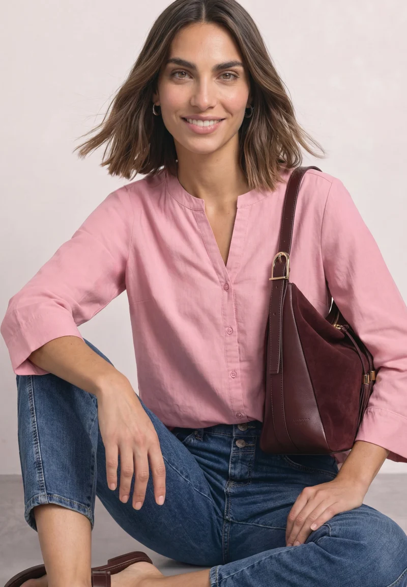 Cordbluse mit Split Neck und 3/4-Ärmeln