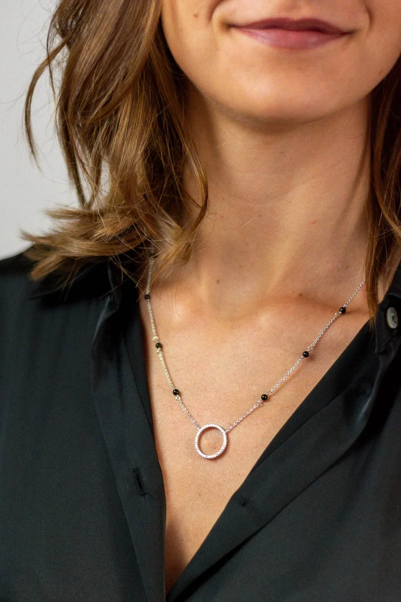 LUISIA Halskette "Ring mit schwarzen Achat Perlen" 67044 | 925 Silber (Länge 50cm)