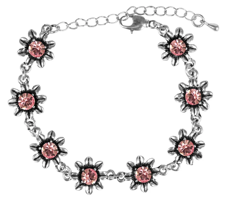 Silbernes Strass Armband mit Blüten - Rosa