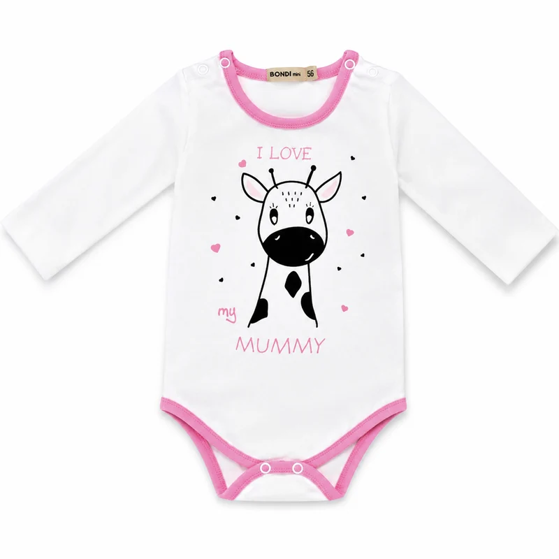 BONDI Baby Langarmbody "I love my Mummy" mit Giraffe | 93635 - Weiß/Rosa