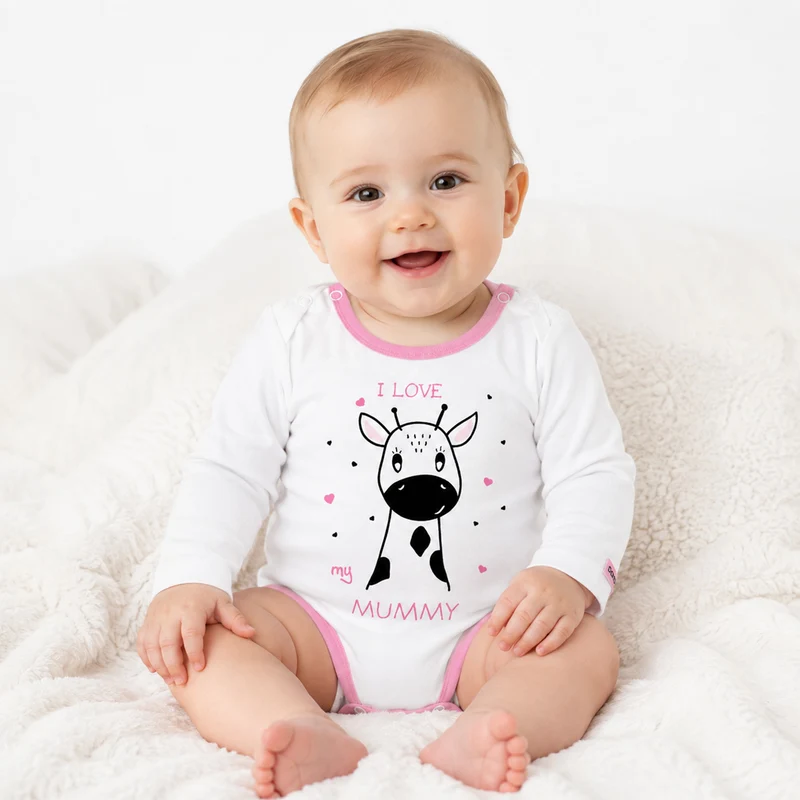 BONDI Baby Langarmbody "I love my Mummy" mit Giraffe | 93635 - Weiß/Rosa