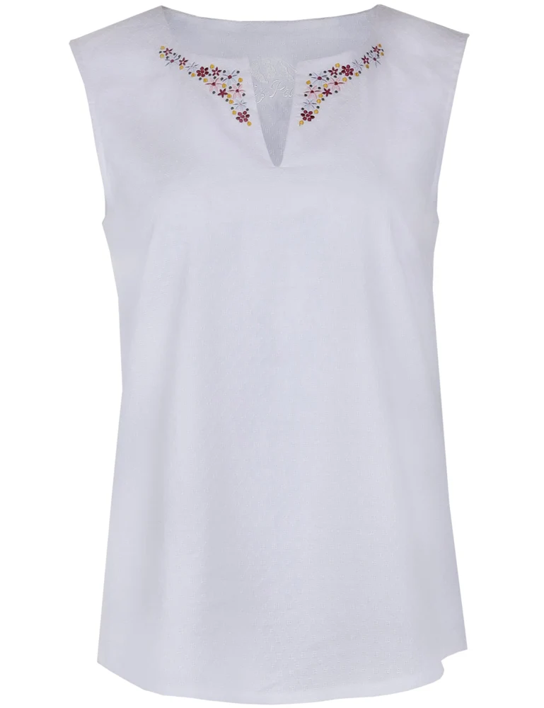 Piz Palü Damen Bluse "Bachhagel" Ärmellos mit Blumenstickerei | Weiß