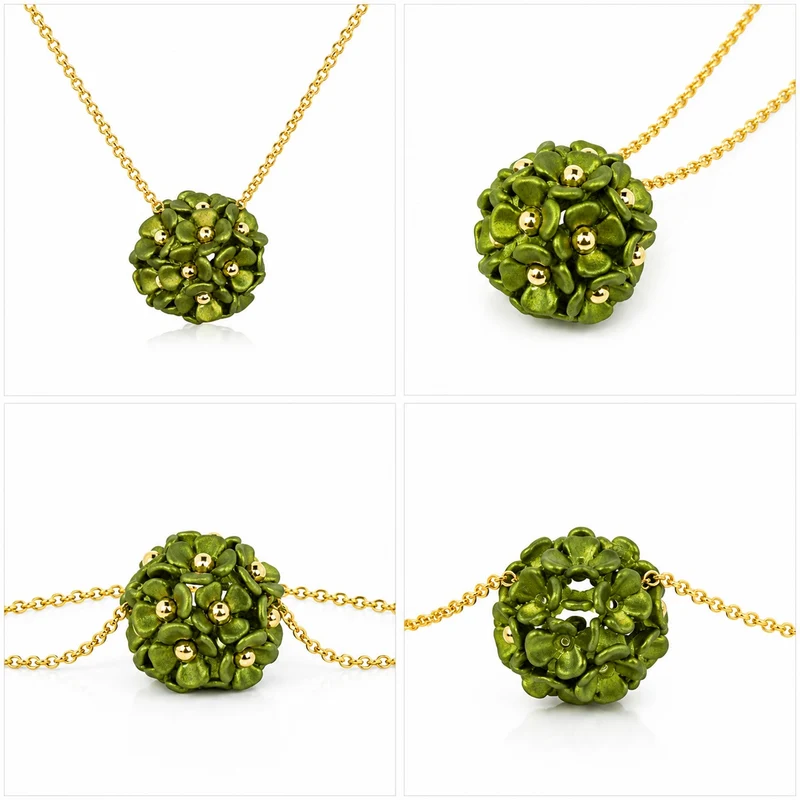 LUISIA® Halskette "Mia" mit Blüten Kugel - 16 Karat vergoldet | Olivgrün