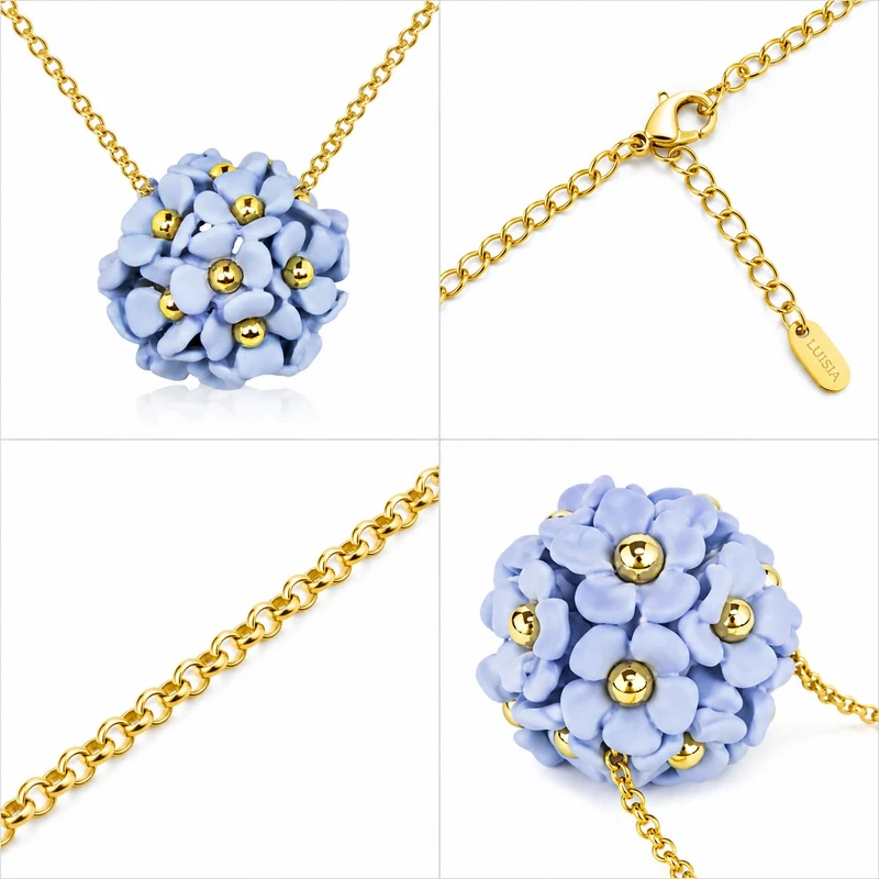 LUISIA® Halskette "Mia" mit Blüten Kugel - 16 Karat vergoldet | Hellblau