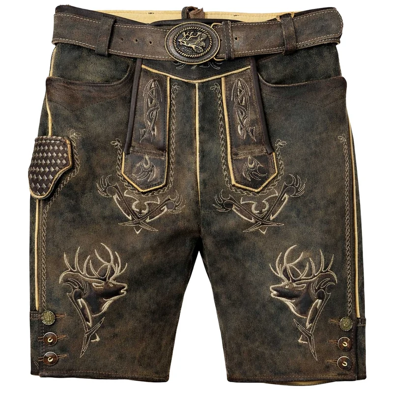 MADDOX Kurze Lederhose "Urgsee" mit Hirschstickerei | Antik Coffee