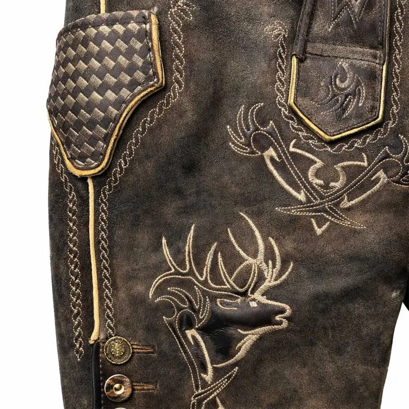 MADDOX Kurze Lederhose "Urgsee" mit Hirschstickerei | Antik Coffee