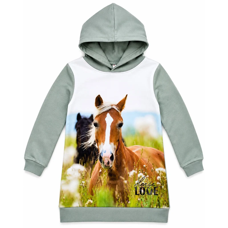 BONDI Mädchen Kapuzenkleid Hoodiekleid "Horse Love" 36215 | Oliv Grün