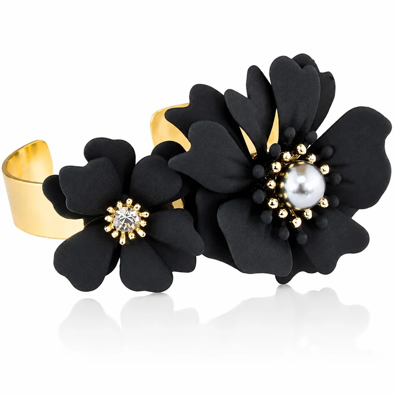 LUISIA® Armreif Armspange "Nelia" mit Blumen - 16 Karat vergoldet | Schwarz