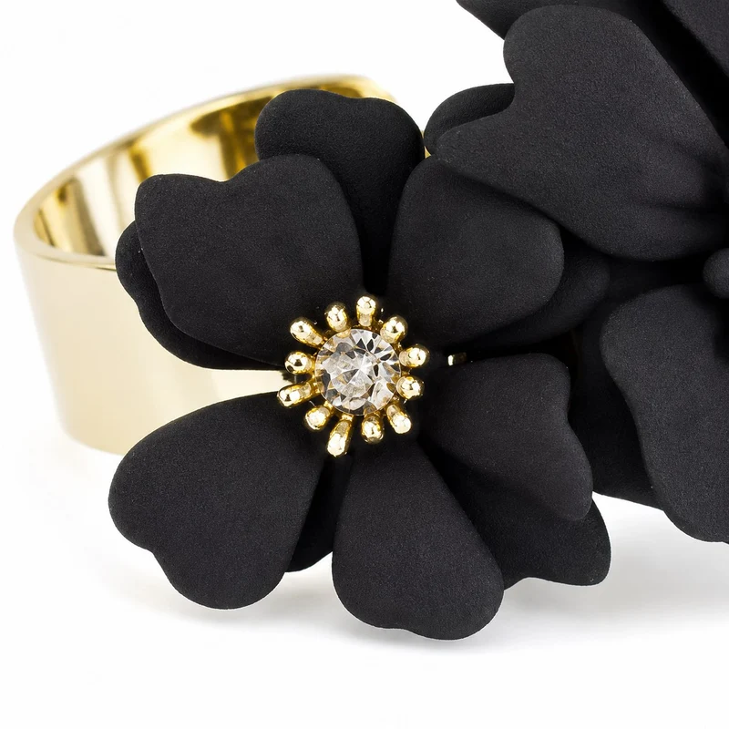 LUISIA® Armreif Armspange "Nelia" mit Blumen - 16 Karat vergoldet | Schwarz