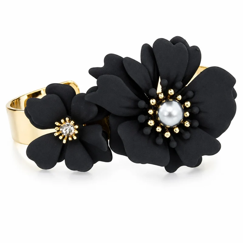 LUISIA® Armreif Armspange "Nelia" mit Blumen - 16 Karat vergoldet | Schwarz