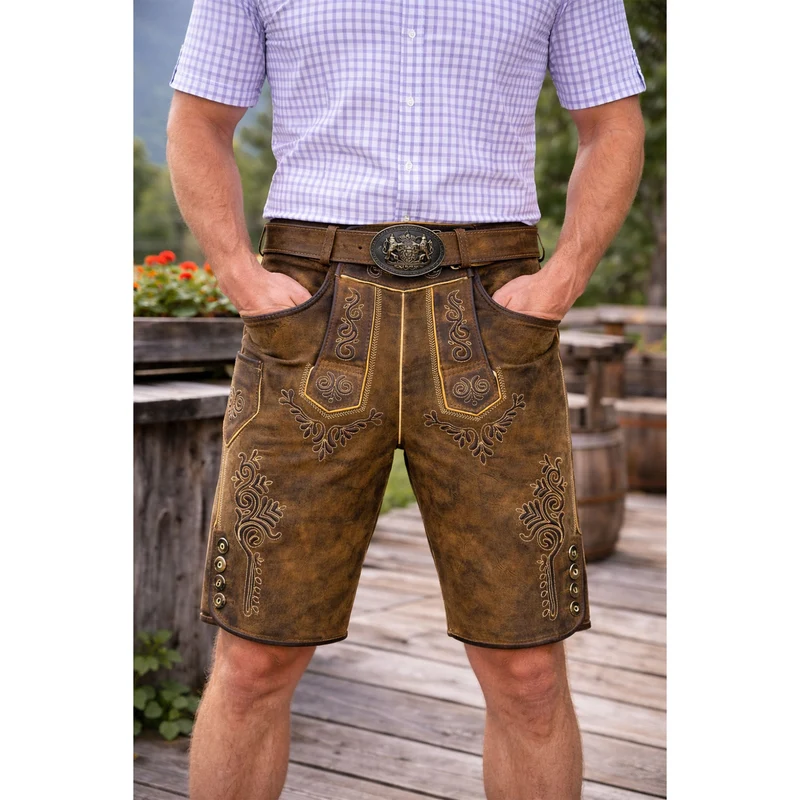 MADDOX Kurze Lederhose "Rolli" mit Gürtel | Antik Zirbe