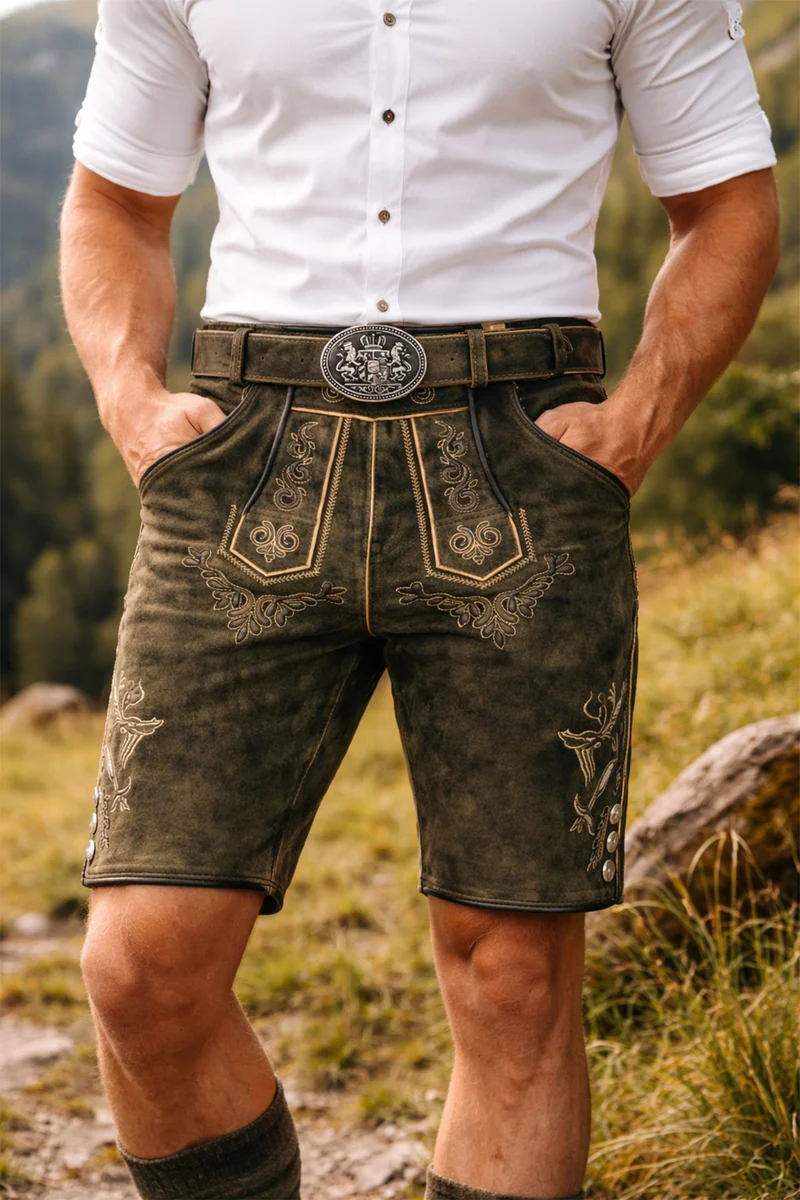 MADDOX Kurze Herren Lederhose "Ronn" mit Gürtel | Antik Moor