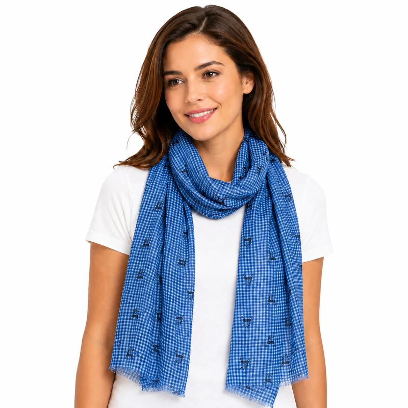 Trachten Halstuch Schal Kariert mit Hirschmotiv 185 x 70 cm | Jeansblau