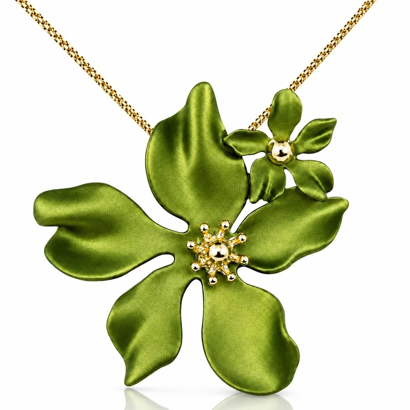 LUISIA® Halskette "Nelia" mit Blumen - 16 Karat vergoldet | Olivgrün