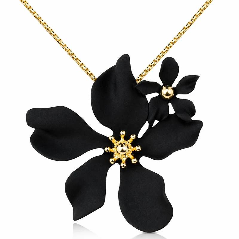 LUISIA® Halskette "Nelia" mit Blumen - 16 Karat vergoldet | Schwarz