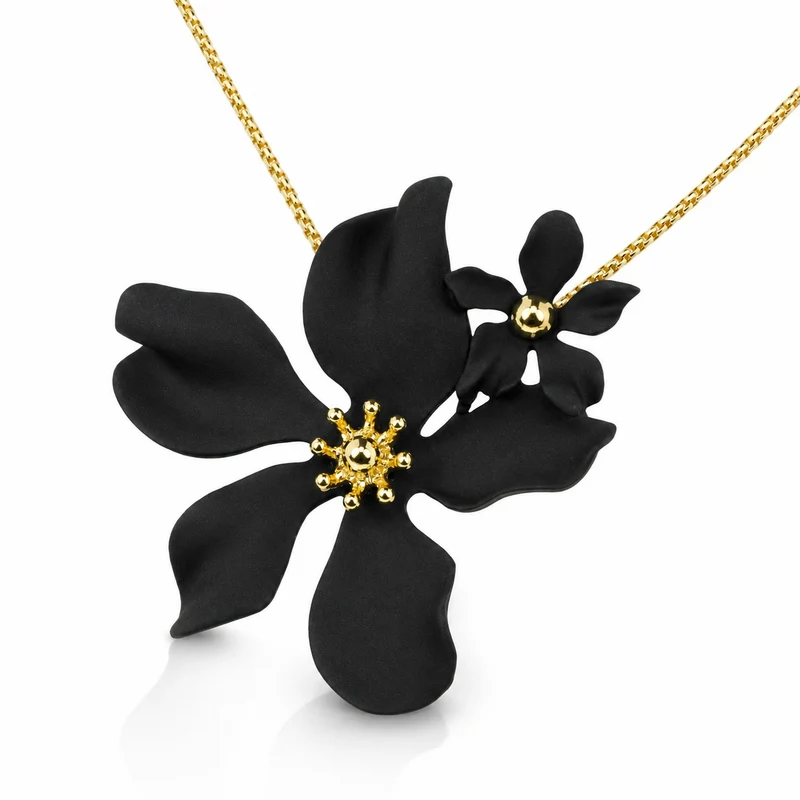 LUISIA® Halskette "Nelia" mit Blumen - 16 Karat vergoldet | Schwarz