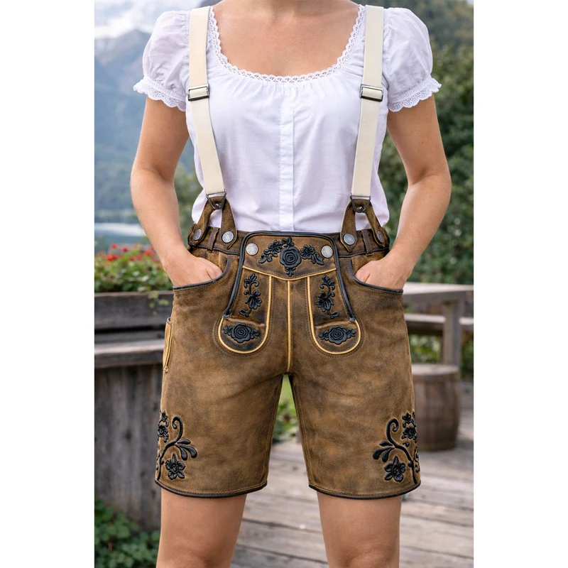 MADDOX Kurze Damen Lederhose "Verena" mit Hosenträgern | Antik Eiche