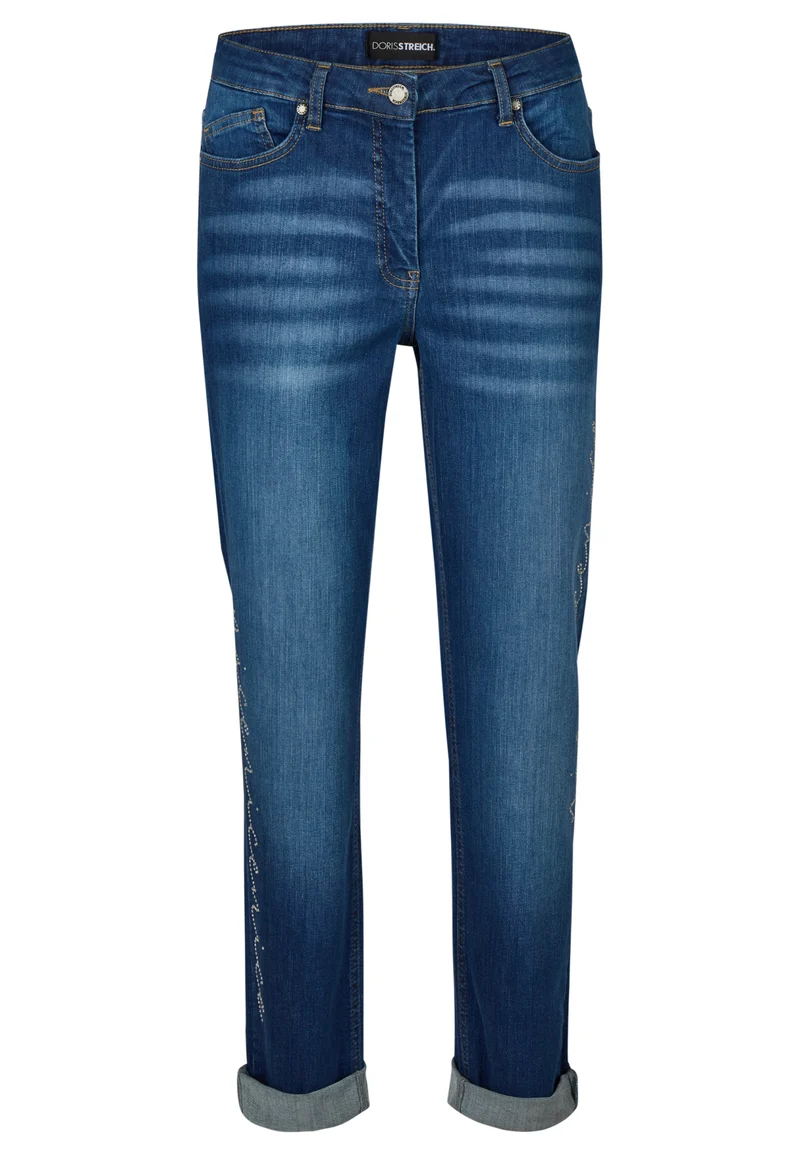 Blaue Slim-Fit Jeans mit „NICE NICE NICE“-Strass-Schriftzug