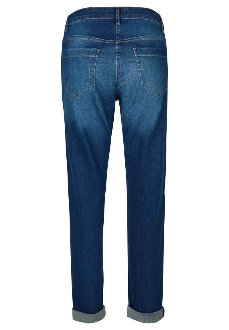Blaue Slim-Fit Jeans mit „NICE NICE NICE“-Strass-Schriftzug
