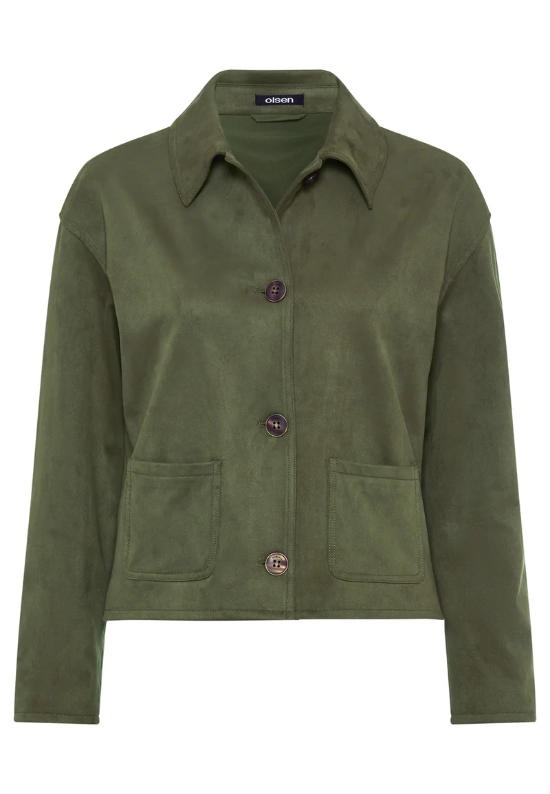 Faux-Suede-Jacke mit Hemdblusenkragen und Knopfleiste
