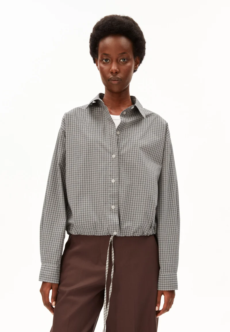 Karierte Oversize-Bluse mit Kordelzug und Hemdkragen