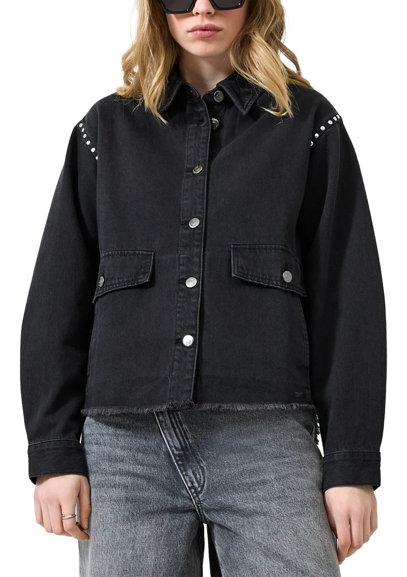 Denim-Overshirt mit Fransen und Nieten