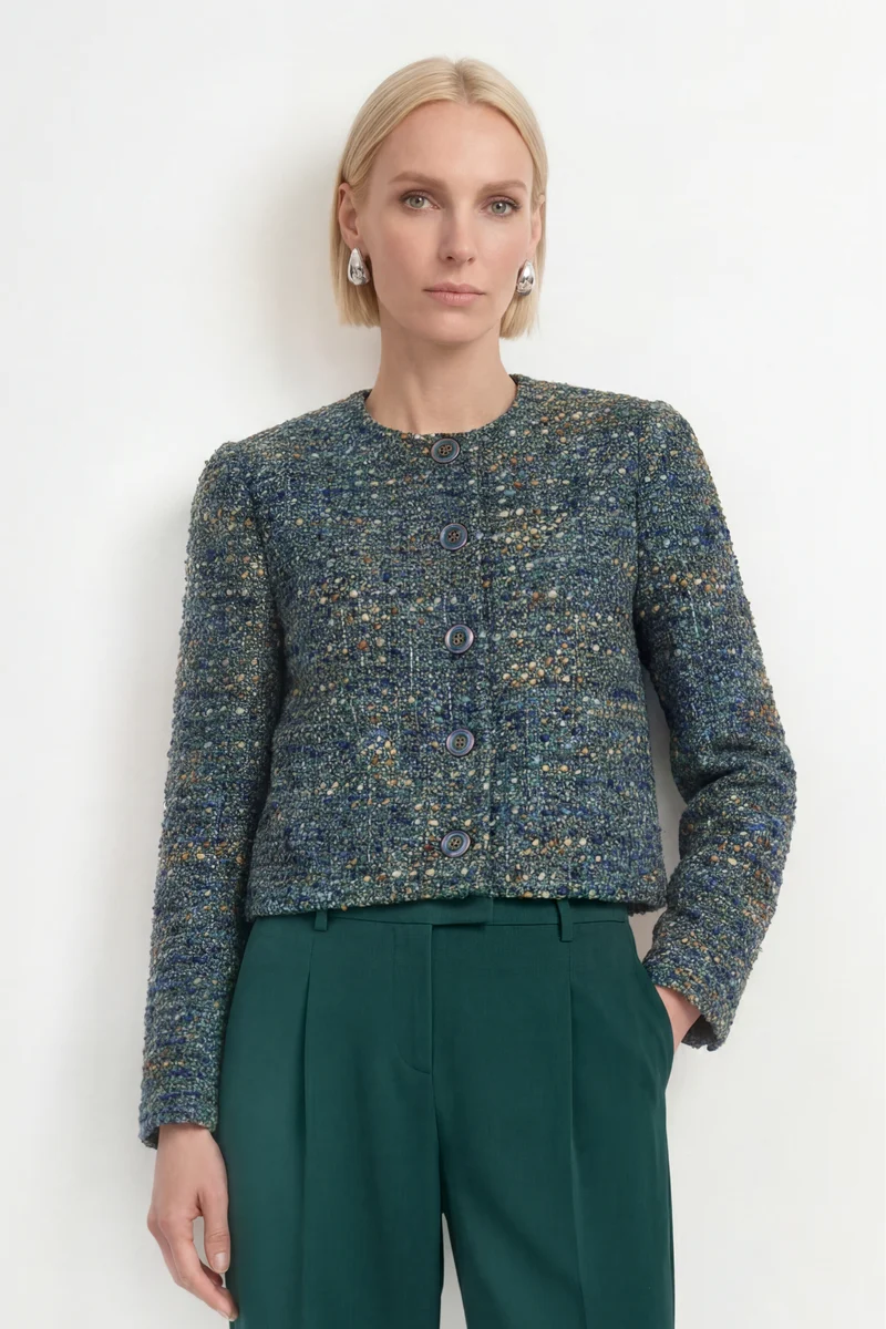 Bouclé-Wollblazer mit Kontrasteinfassung
