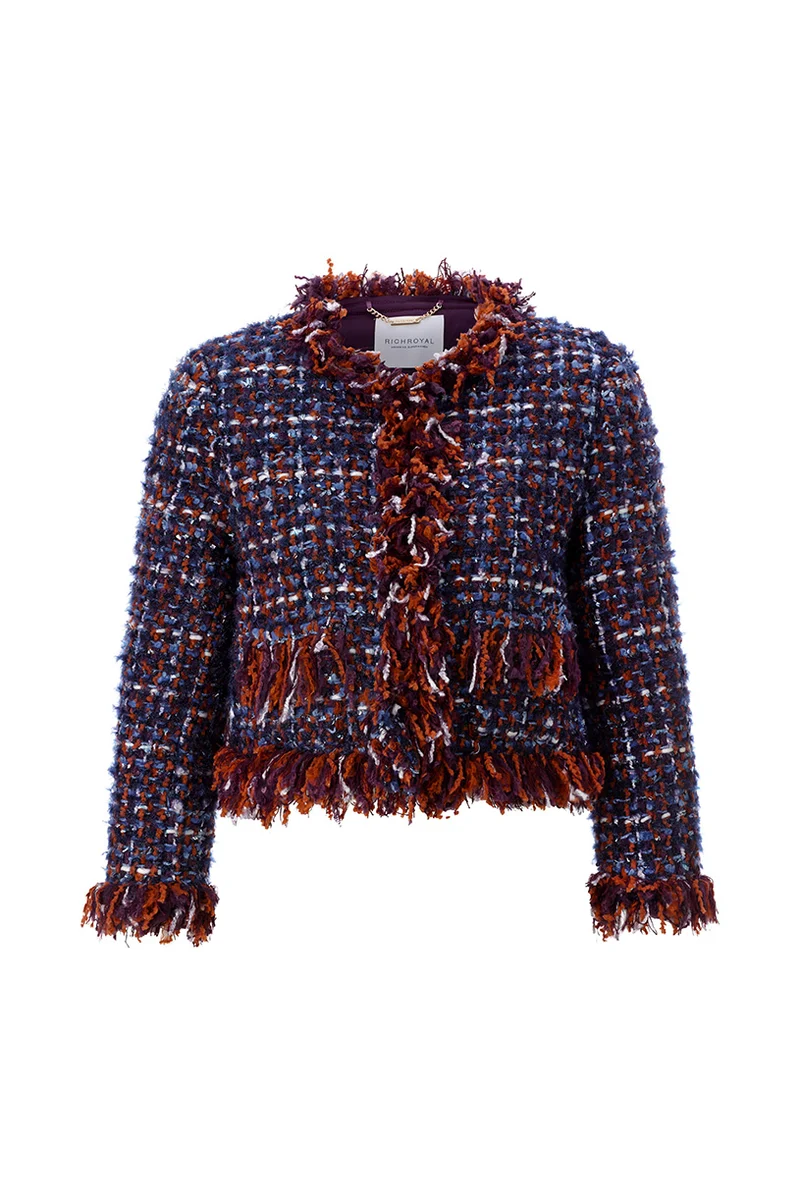 Bouclé-Kurzjacke mit Fransen und Rundhalsausschnitt
