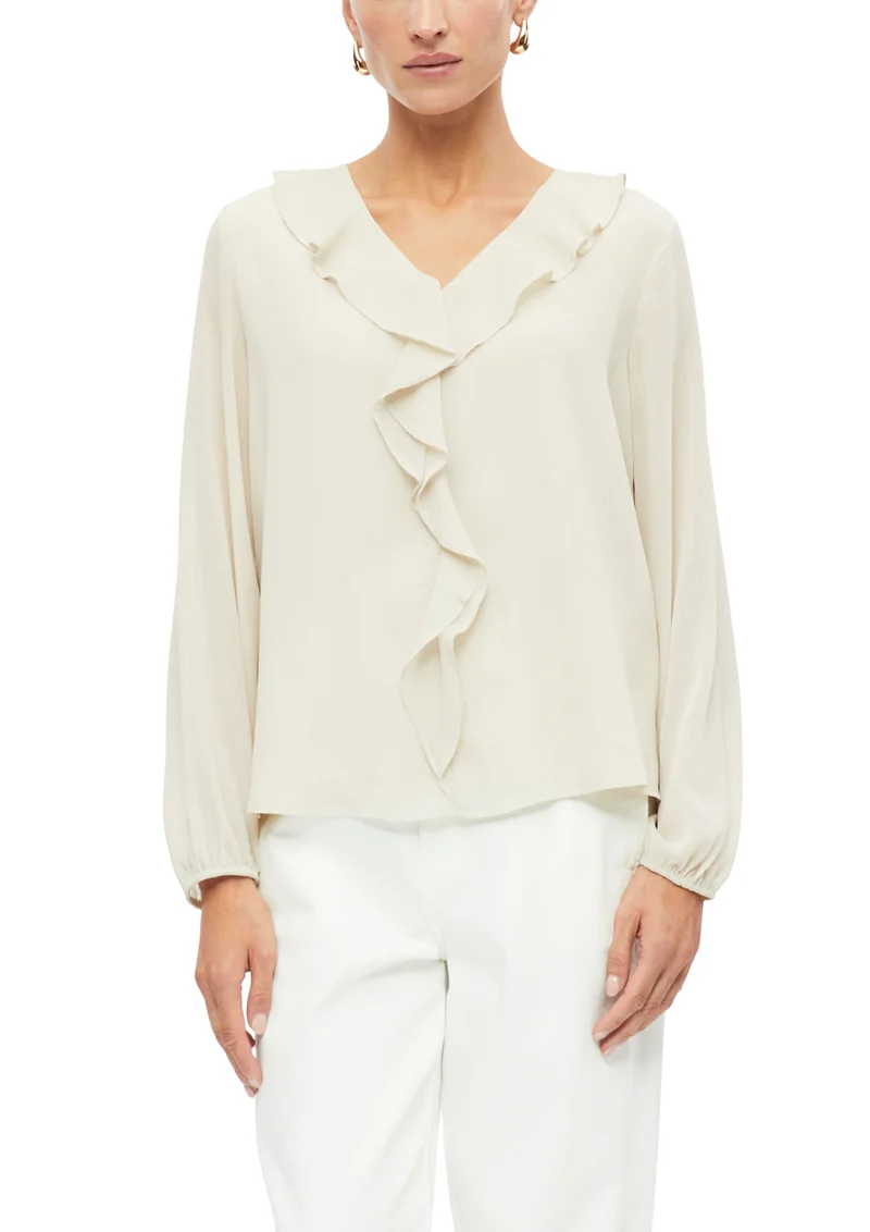 Crêpe-Bluse mit V-Ausschnitt und Volants