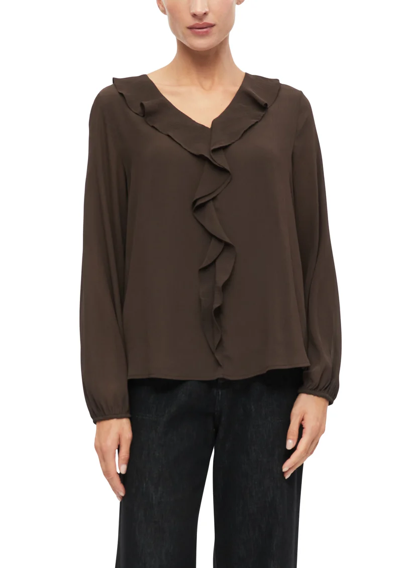 Crêpe-Bluse mit V-Ausschnitt und Volants