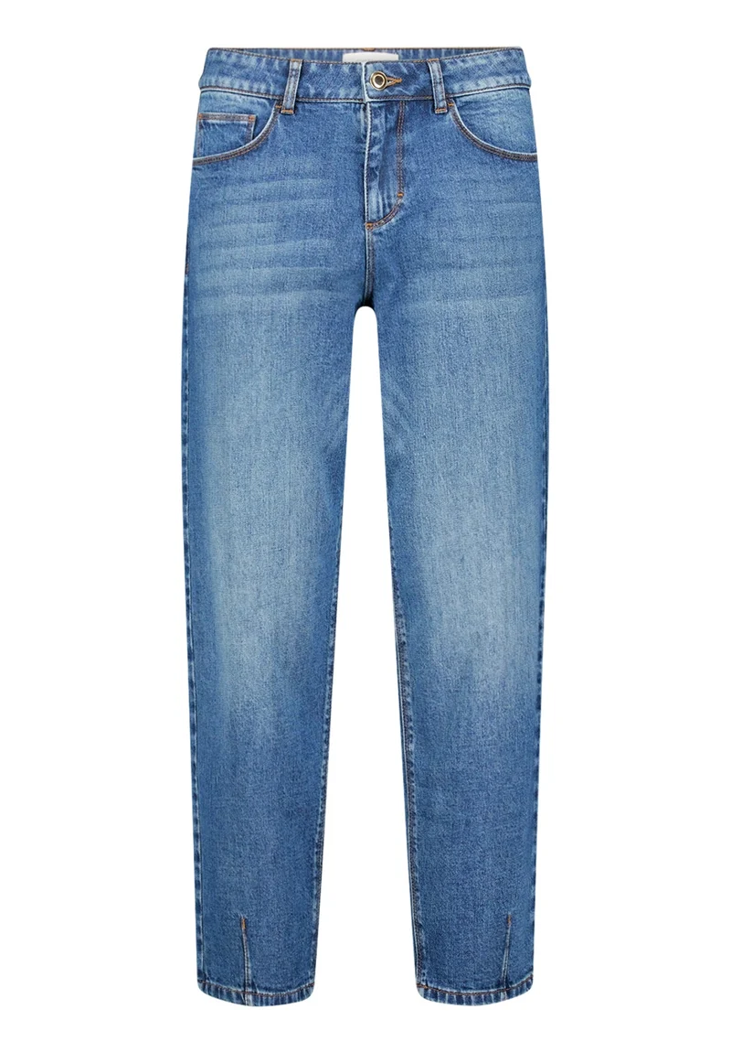 Barrel-Jeans mit Used-Waschung und Mid Waist