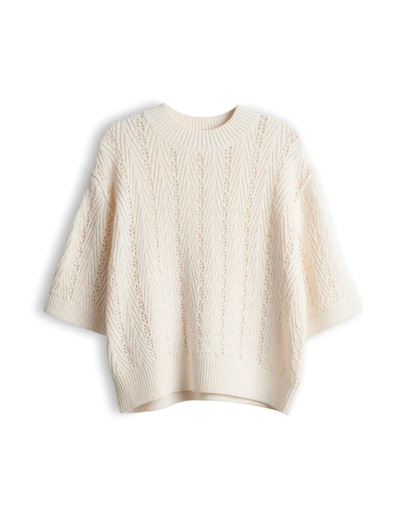 PUDY Kurzarmpullover mit Ajourstrickmuster