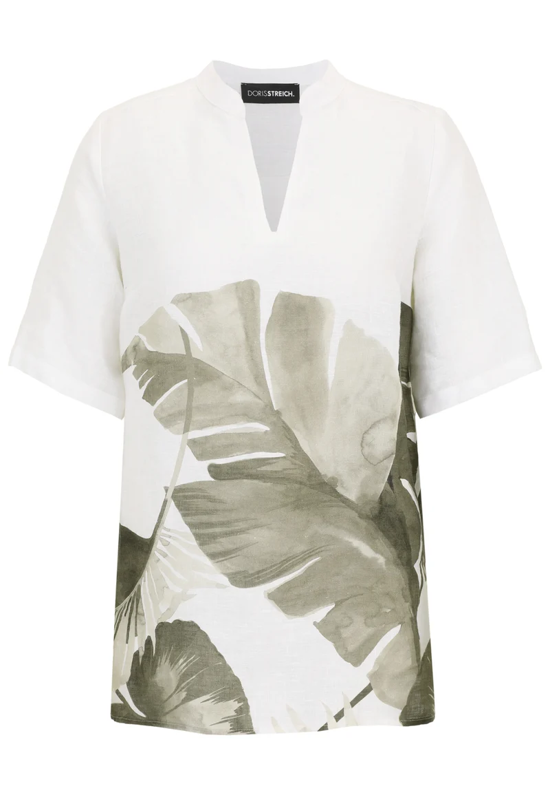 Leinen-Bluse mit Palmwedel-Bordürenprint